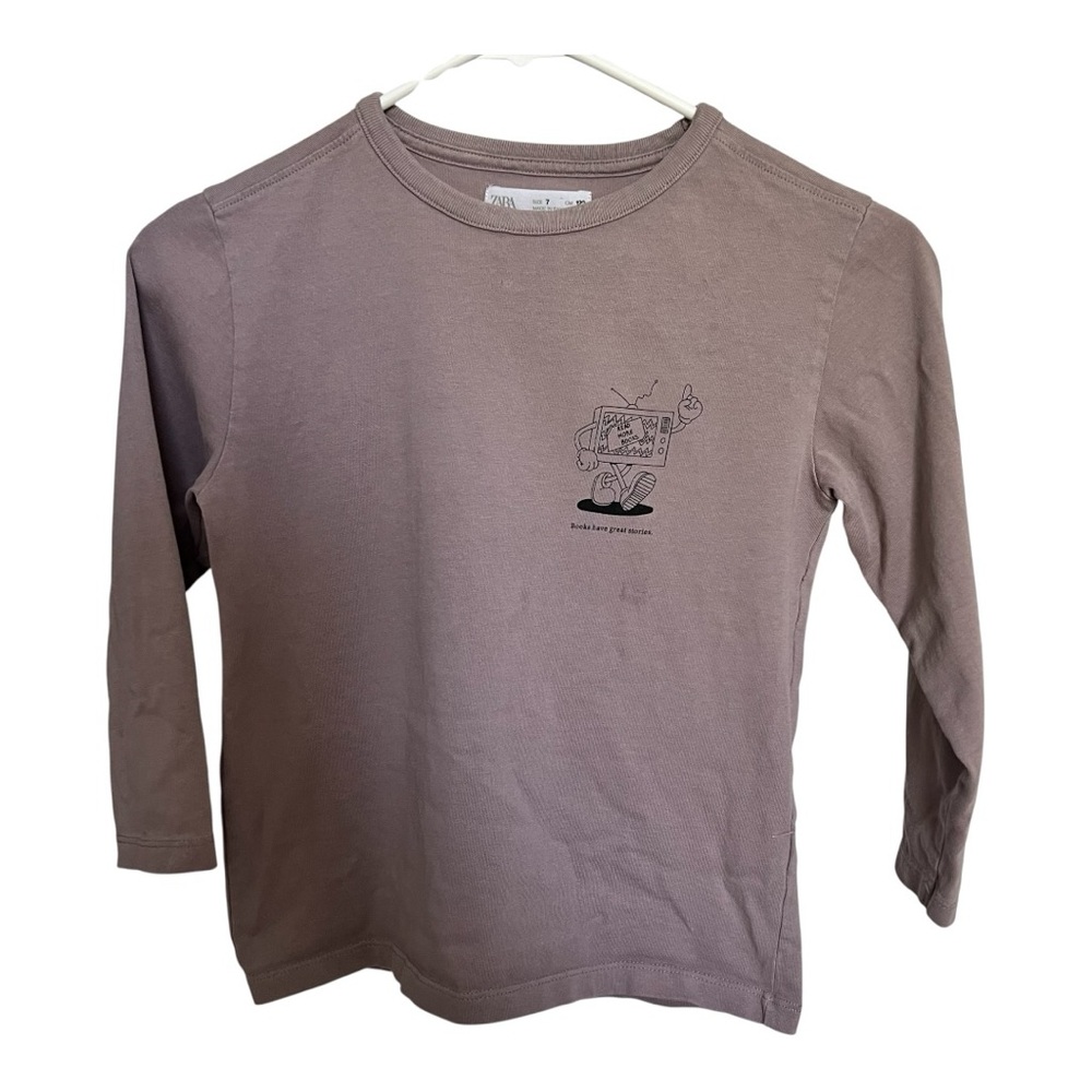 Zara Kids size 7‎ Long Sleeve Graphic Tee Shirt “Books Have Great Stories” Brown